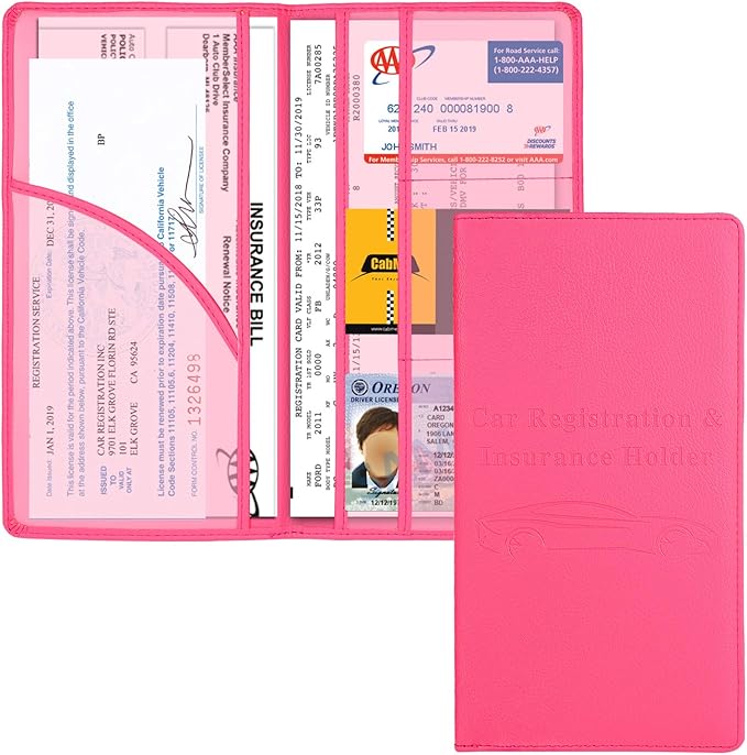Cacturism Car Registration and Insurance Holder, Car Accessories Vehicle Glove Box Car Organizer Women Car Accessories with Magnetic Shut for Cards, Essential Document, Driver License, Hot Pink