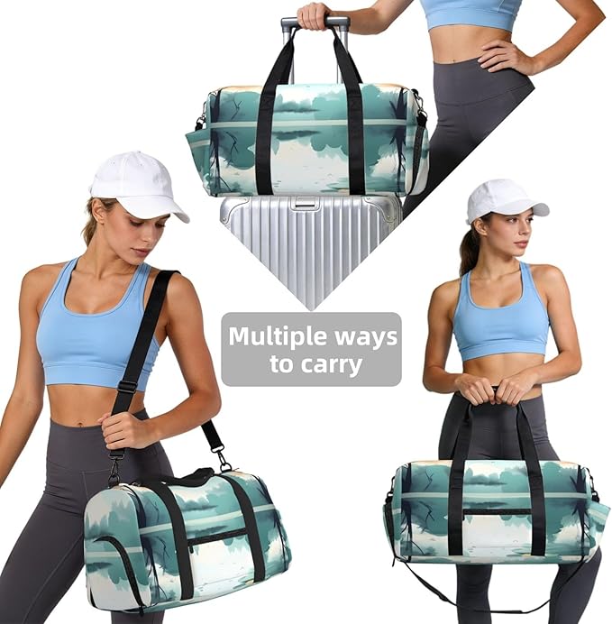 Fallen leaves on lake Print Gym Bag with Shoe Compartment for Women Men, 17.7in Sports Duffle Weekender Tote, Overnight Travel Duffel Bag Carry On
