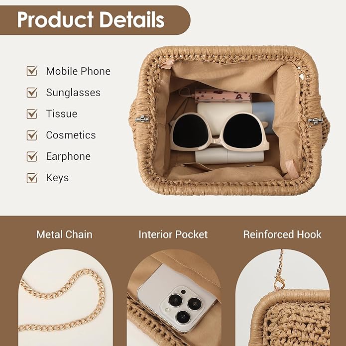 Clothirily Straw Clutch Purses for Women, Cloud Dumpling Woven Bag with Detachable Chain, Beach Crossbody Shoulder Handbag