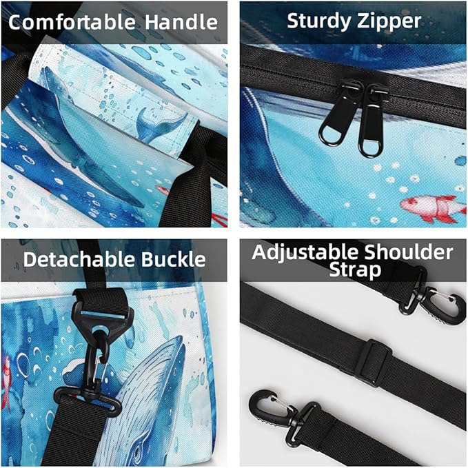 Travel Duffle Bag, Blue Whale Watercolor Waterproof Weekender Overnight Bags for Women Men Lightweight Carry on Duffle Gym Bag for Travel, Sports, Fitness, Workout