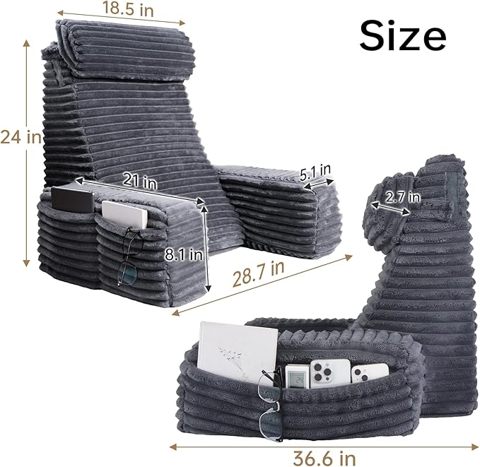 ENITYA Reading Pillow for Sitting in Bed Adult, 24in XXL Back Pillow for Bed Sitting up, Big Pockets & Built-in Arms, Back Support Chair Pillow for Watching TV/Reading/Gaming/Resting/Post Surgery,Grey