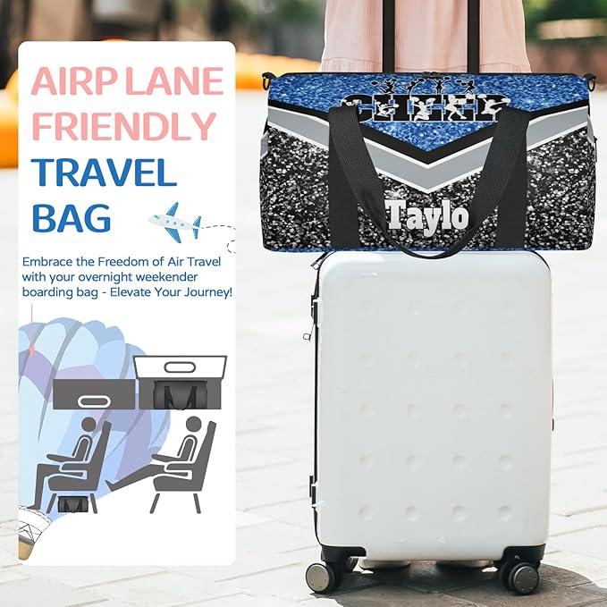 Personalized Gym Dance Ballet Bag Small, Custom Name Cheer Sport Weekender Carry On Travel Duffel Bags, Water Blue with Black Glittering Cheerleading