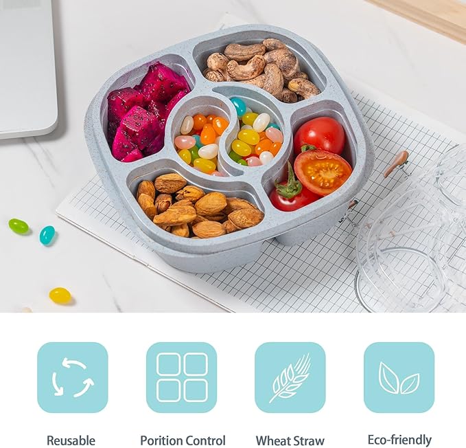 4 Pack Snack Containers, 6 Compartments Snack Box Containers with Lids, Reusable Meal Prep Lunch Containers BPA-Free, Divided Food Storage Containers for Work Travel