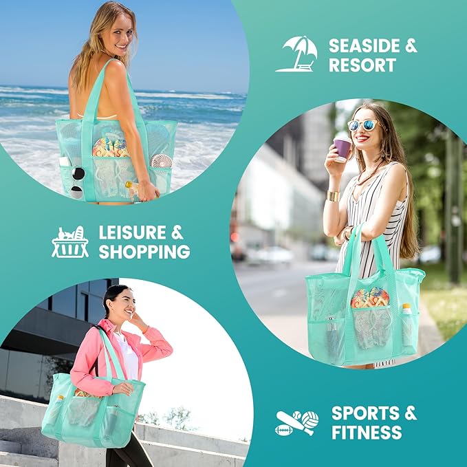 Mesh Beach Bag, Large Bag with Zipper Beach Bags for Women Waterproof Sandproof with 5 Pockets Green