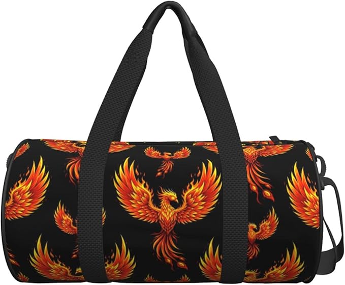 Gym Bag for Men Women Fire Flame Bird Black Art, Small Fitness Workout Sports Bag Water Resistant Overnight Weekender Duffel