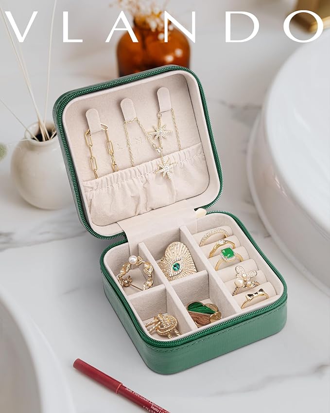 VLANDO Travel Jewelry Case - Teacher Appreciation Gifts for Women - Small Jewelry Travel Organizer Box Travel Essentials Gift for Teen Girl Women - Dark Green