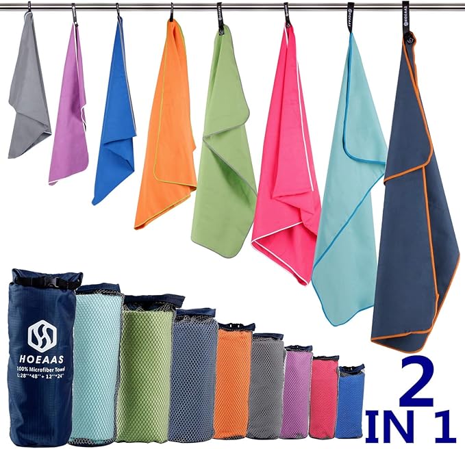 HOEAAS 2 Pack Microfiber Camping Towels, Quick Dry Towel, Super Absorbent Ultra Compact Travel Towel Soft Lightweight Sports Towel for Sweat Fast Drying Towels for Pool,Gym,Hiking,Backpacking,Fitness