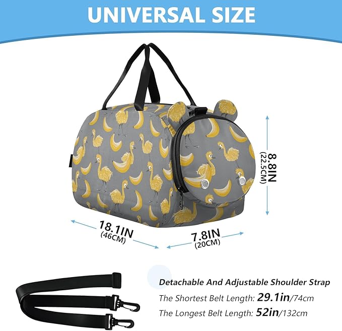 Childish Emu Bananas Yellow and Gray Girl's Gym Duffel Bag with Shoes Compartment Lightweight Gymnastics Sports Bag for Travel, Swimming, Dance, Ballet bolsa de viaje para mujer