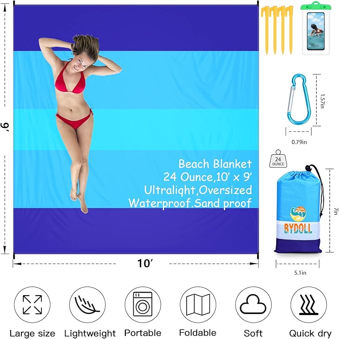 BYDOLL Beach Blanket 10'X9' Waterproof Sandproof Suits1-8 Adults Oversized Lightweight Large Blanket Picnic Mat for Beach Sand Free Travel Camping Hiking Picnic