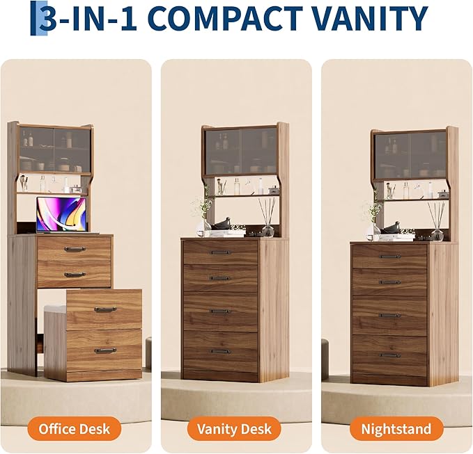Garvee 3 in 1 Vanity Desk with 3 Color LED, Compact Makeup Vanity Set with 2 AC Outlets & USB, Dressing Table with Drawers & Acrylic Doors, Nightstand Vanity Mirror, Jewelry Box, Hidden Chair, Walnut
