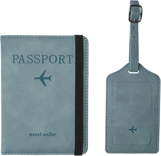 Luggage Tag and Passport Holder Set,Passport Cover with Card Slot and Boarding Pass Slot Combo,Passport Travel Must Have, Waterproof and Scratch Resistant Travel Accessories（Light Blue）