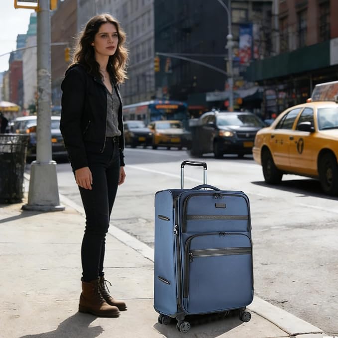 KROSER Softside Expandable checked Luggage with Front Business Pockets，24 Inch Suitcases with Spinner Wheels & Built-in TSA Lock, Durable Suitcase Rolling Luggage, Haze Blue