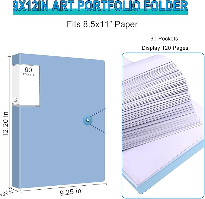 Art Portfolio Folder with 60 Pockets, 120 Pages Display Book, Clear Plastic Sleeves, Blue Presentation Binder for Kids & Artists Artwork