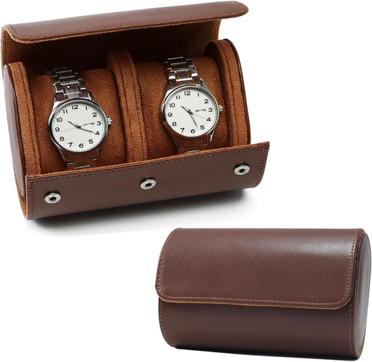 Watch Travel Case, Luxury Leather Watch Roll 2 Slot Organizer Box, Jewelry Storage Case Gifts for Man and Woman Christmas Anniversary Birthday (Brown-2slot)