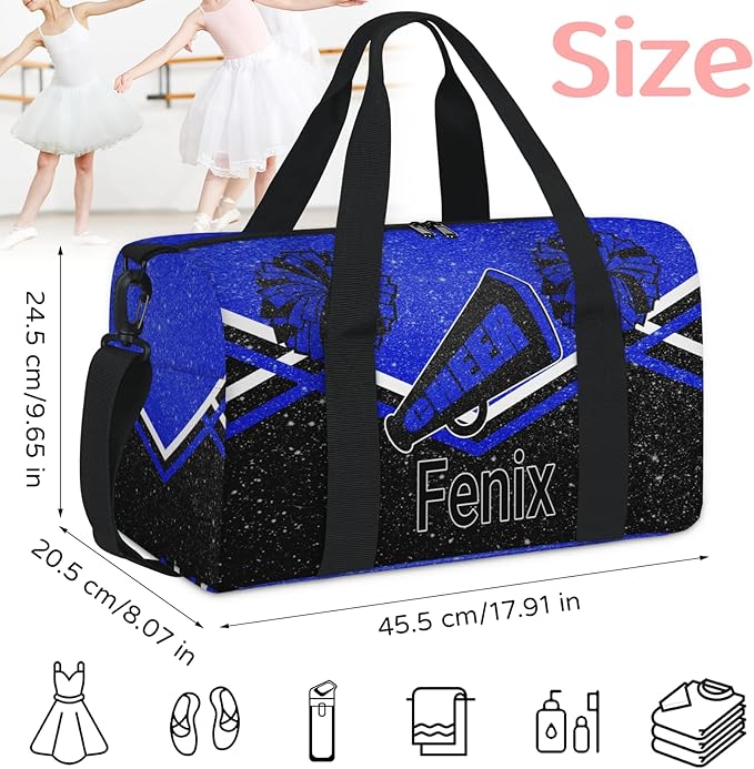 Custom Cheerleading Bag with Name, Personalized Large Sports Duffle Gym Bag for Travel, Cheerleader Royal Blue with Glitters Effect