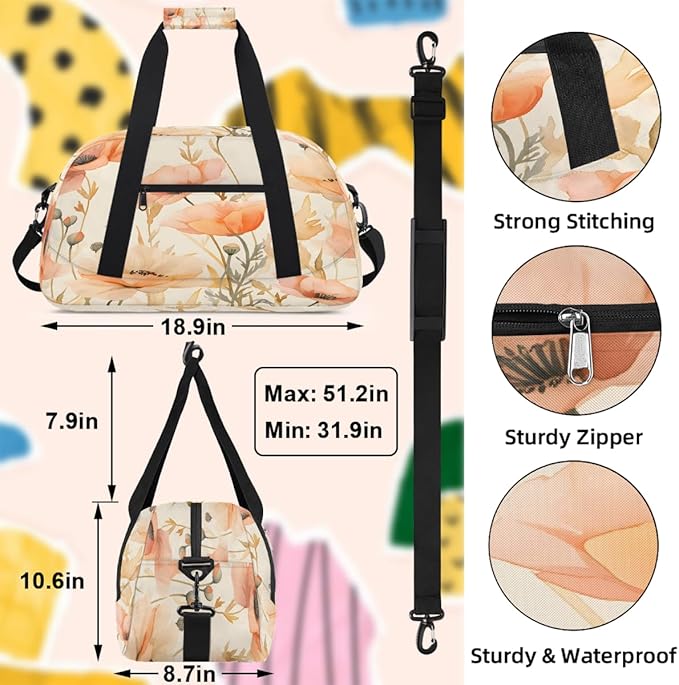 Sports Duffel Bags, Peach Poppy Watercolor Water-Resistant Gym Duffle Bag for Men Women, Lightweight Weekender Overnight Bag for Fitness, Workout, Travel