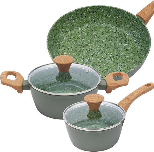 3-Piece Nonstick Pots and Pans Set with Lids, Includes 10.25 Inch Frying Pan 1.5Qt Saucepan and 2.2Qt Stock Pot, PFOA Free Dishwasher Safe Induction Compatible Family Cookware, Green