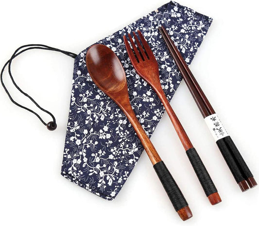Wooden Chopsticks Spoon Fork Set Japanese Style Tableware Travel Utensils with Pouch for Camping,Picnic,Office or Home (Style A)