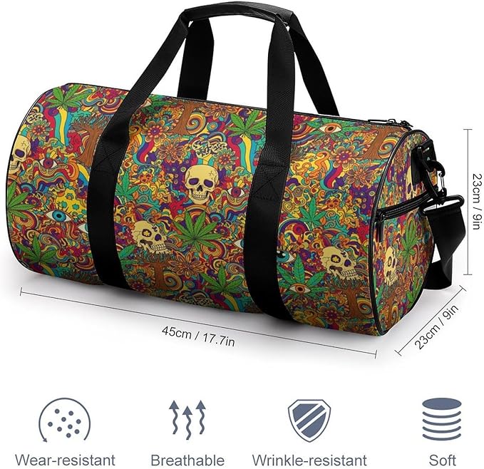 Lightweight Travel Sports Carry On Bag Colorful Skull Weedleaf Leaf Art Basketball Football Weekender Bag Sport Gym Fitness Tote