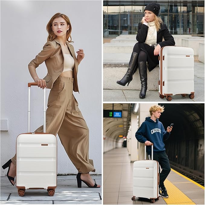 Kono Carry On Luggage 28 Inch Checked-Large Hard Shell Travel Trolley 4 Spinner Wheels Lightweight Polypropylene Suitcase with TSA Lock, Cream White