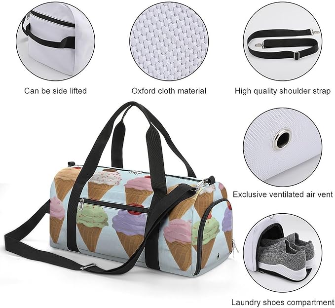 Oxford Cloth Ice Cream Cones Gym Bag,Duffle Bag with Shoes Compartment And Adjustable Shoulder Straps，Weekender Bags for Men Women.