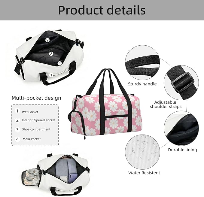 Camellia pattern Print Gym Bag with Shoe Compartment for Women Men, 17.7in Sports Duffle Weekender Tote, Overnight Travel Duffel Bag Carry On