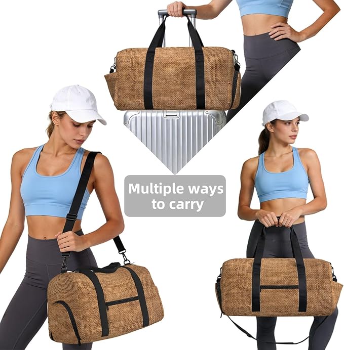 Brown Burlap Cloth Sack Texture Women'S Gym Duffle Bag With Shoes Compartment, Ideal For Travel, Gym, Sports, Duffel, Weekender