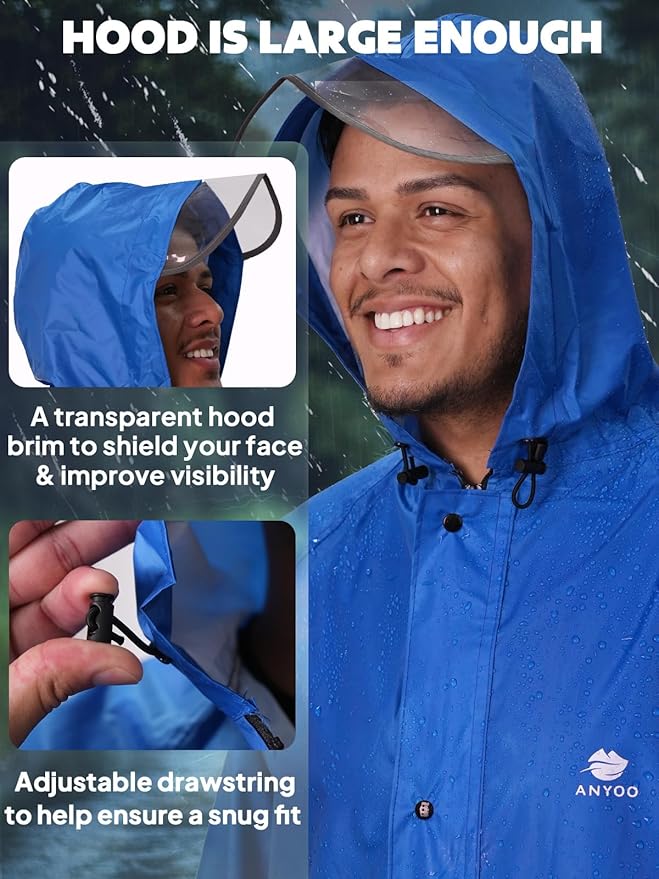 ANYOO Waterproof Rain Jacket for Men Women Lightweight Long Sleeve Raincoat with Hood Emergency Rain Poncho Adults for Hiking