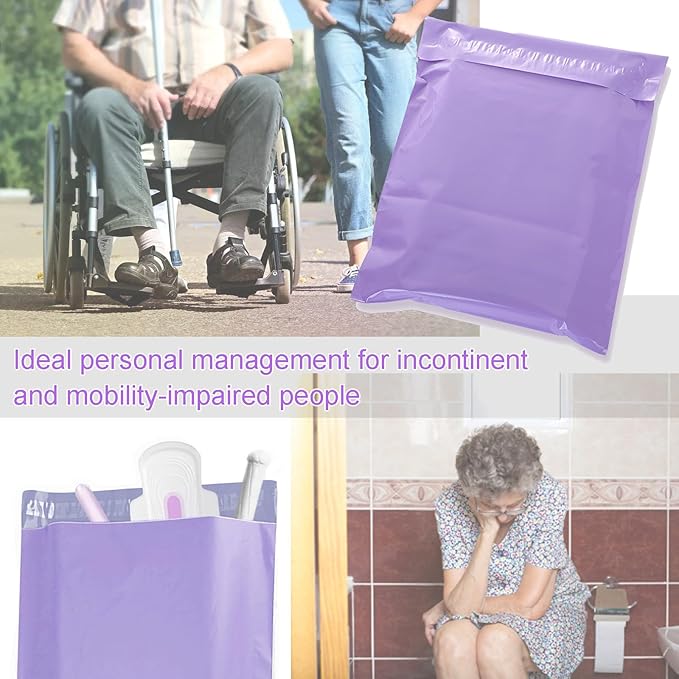 Adult Diaper Disposal,100 Pack Plastic Bags for Adult Diaper Disposal,Self-Adhesive Strips to Seal in Odours,Waterproof and Leak-Proof,Suitable for Elderly Nappy Care at Home and for Travel (Purple)