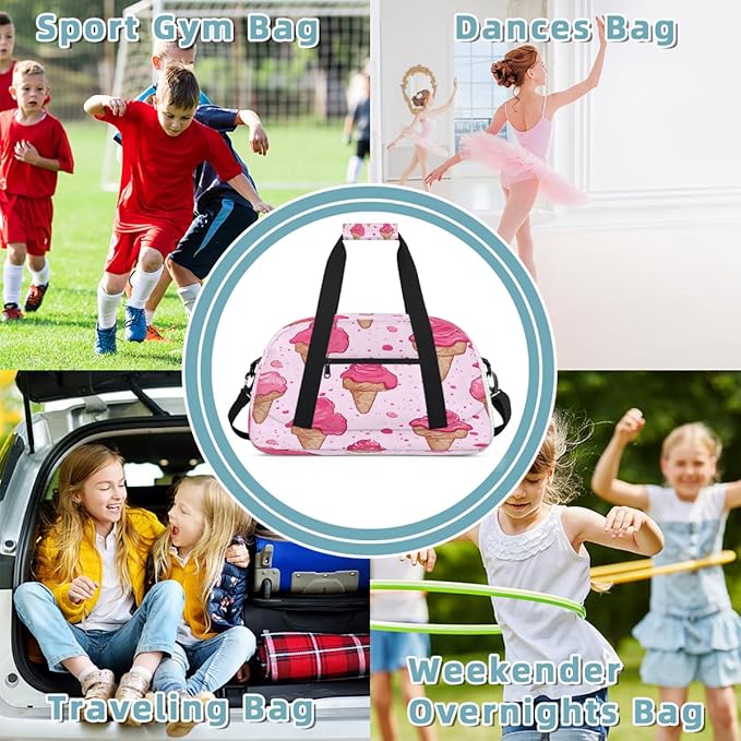 Sports Duffel Bags, Pink Ice Cream Water-Resistant Gym Duffle Bag for Men Women, Lightweight Weekender Overnight Bag for Fitness, Workout, Travel