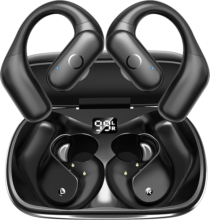 kurdene Active Noise Cancelling Wireless Earbuds Bluetooth Headphones for Sport, Digital Display, 66H Playtime, Deep Bass Sound Ear Buds, Open-Ear Secure Fit for Running, Workout-Black