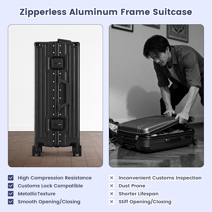 20 Inch Carry On Suitcase, Aluminum Frame Zipperless Hard Shell Luggage with Spinner Wheels, TSA Lock, USB Charging Port, Phone Holder, Cup Holder for Business Travel and Trips, Black