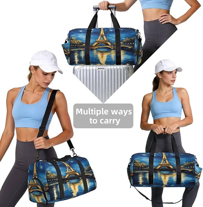 Sports Gym Bag Paris Eiffel Tower Starry Night Travel Duffel Bag With Shoe Compartment Shoulder Strap, Lightweight Water-Resistant Weekend Overnight Totes For Women Men