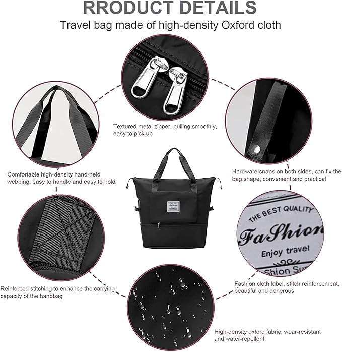 Large Capacity Travel Bag, Foldable Travel Bag, Expandable Travel Duffel Bag, Collapsible Waterproof Large Capacity Travel Handbag, Overnight Bag for Women and Man