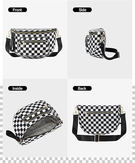 BOSTANTEN Crossbody Bags for Women Cross Body Purse Checkered Bum Bag, Large Diaper Purse for Moms, Perfect for Work/Travel