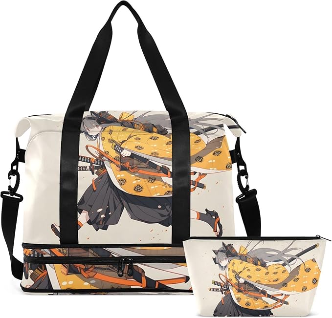 AIXIWAWA Duffel Bag Set for Gym Travel with Shoes Compartment Toiletry Bag Anime Samurai Print