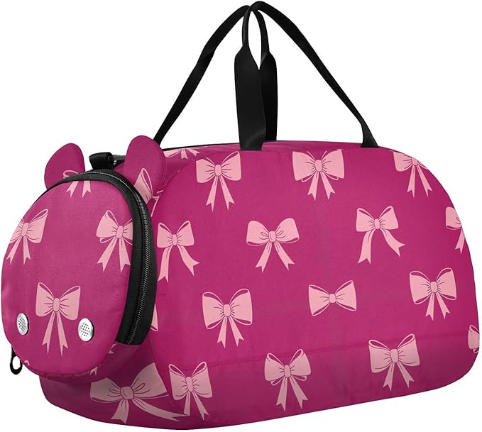 Bow Fuschia Pattern Kids Sports Duffle Bag for Boys Girls Toddler Weekender Overnight Bag with Shoe Compartment & Wet Pocket Kids Carry On Shoulder Bag for Gym Dance Sport Travel