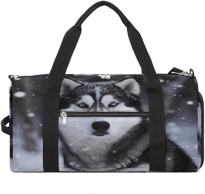 Oxford Cloth Husky In Snow Dog Gym Bag,Duffle Bag with Shoes Compartment And Adjustable Shoulder Straps，Weekender Bags for Men Women.