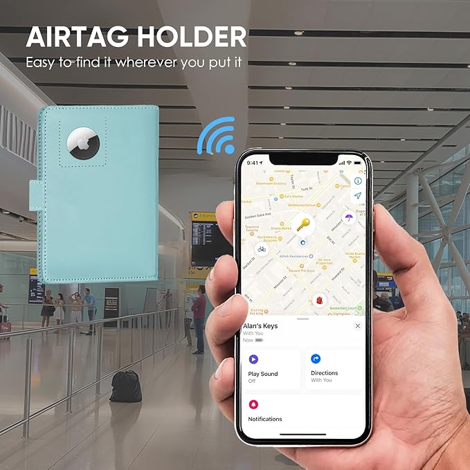Passport Holder with Airtag Slot Cards Cash Air Ticket Pocket, Travle Gifts for Women Men RFID Blocking Wallet, Passport Book Cover Case Light Cyan