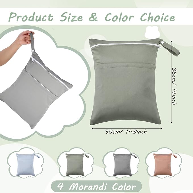 Shappy 4 Pcs Wet Dry Bag for Baby Cloth Diapers Waterproof Wet Bag Washable Travel Reusable with 2 Pocket for Swimsuits for Yoga Gym Travel Beach Pool(Brown, Dark Green, Light Purple, Grey)