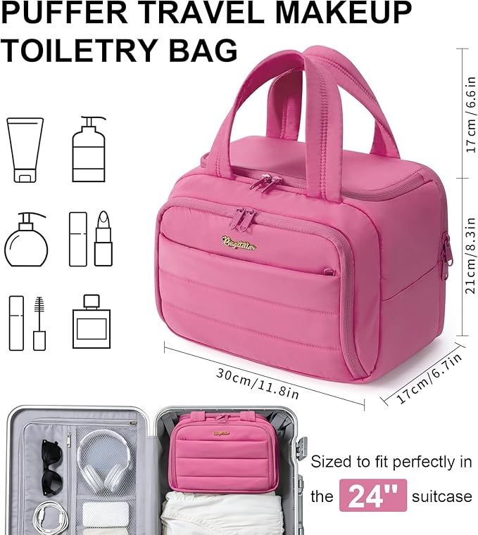 Travel Toiletry Bag for Women, Lightweight Large Quilted Puffy Makeup Bag Wide-open Make up Organizer Cloud Cosmetic Bag w/Handle for Traveling, Toiletries Essentials Accessories Rose Pink