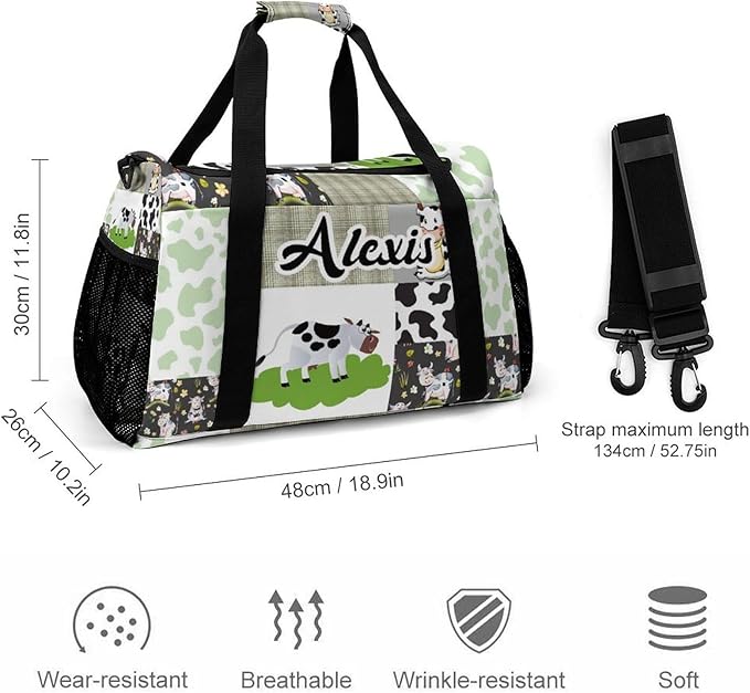 Green Lattice Patchwork Cow Print Waterproof Duffel Bag Adjustable Shoulder Strap Perform Training Travel Bag for Teens Adults Women Men Tote Bag