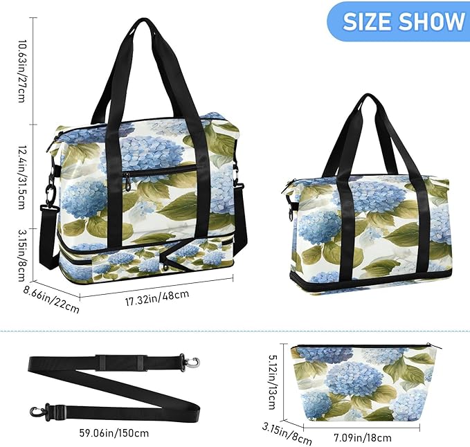 Travel Duffel Bags for Women Watercolor Blue Hydrangea Floral Sports Duffel Bags Gym Bags with Shoes Compartment Tote Bag Weekender Bag for Travelling