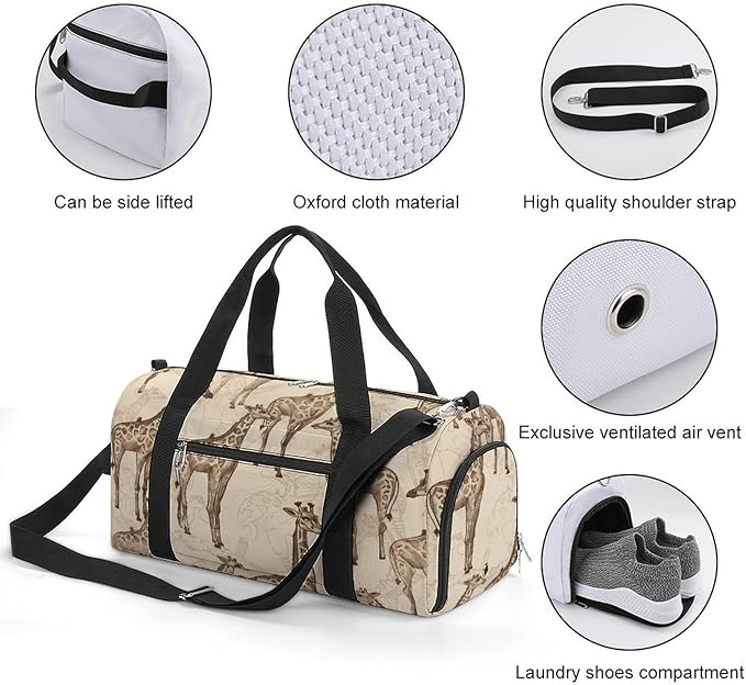 Oxford Cloth Hand Drawn Giraffes Gym Bag,Duffle Bag with Shoes Compartment And Adjustable Shoulder Straps，Weekender Bags for Men Women.