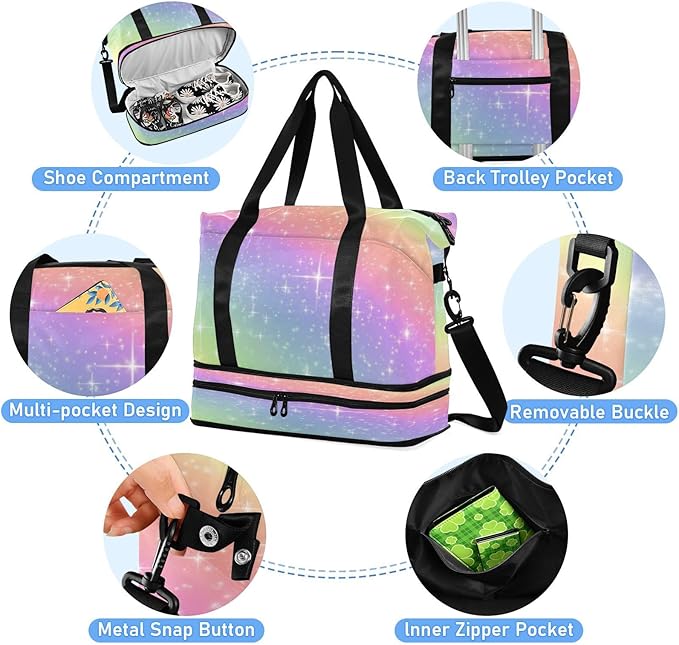Travel Duffel Bags for Women Glitter Rainbow Gradient Sports Duffel Bags Gym Bags with Shoes Compartment Tote Bag Weekender Bag for Travelling