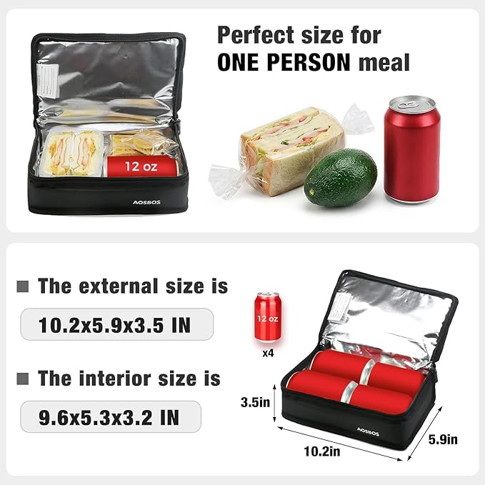 Aosbos Small Insulated Lunch Bag - Compact Lunch Box for Portion Control, Work & Office, Black