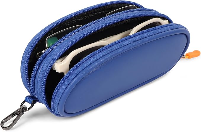 Double Eyeglasses Case Soft Portable Zipper Sunglasses Pouch with Keychain Clip for Men Women