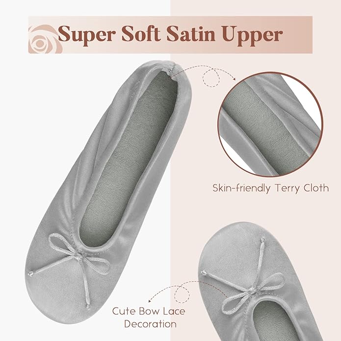 BCTEX COLL Women's Ballerina House Slippers with Bow, Ladies Satin Bedroom Slipper with Suede Sole Indoor
