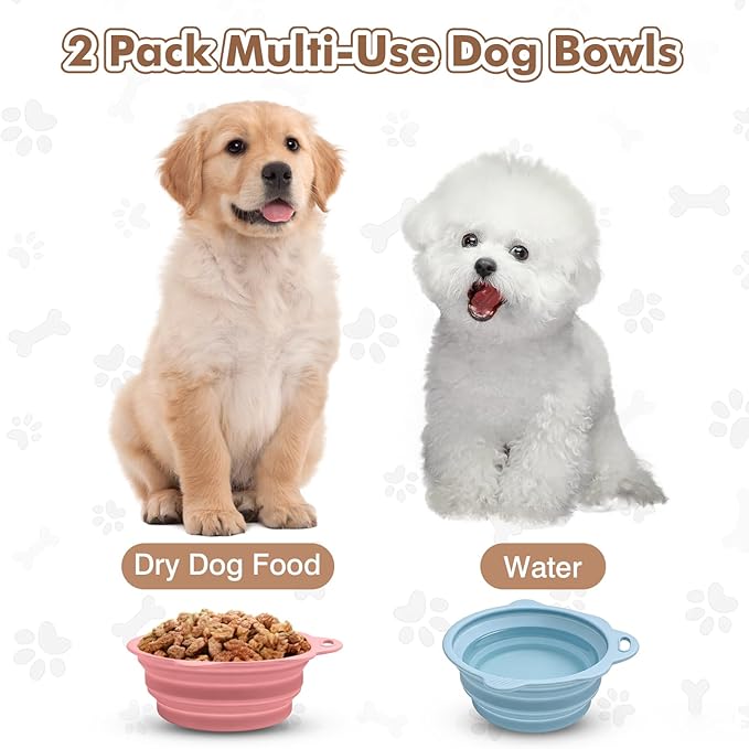 Collapsible Dog Bowls 2 Pack, Silicone Dog Bowl for Small Dogs, Dog Travel Bowl with a Lanyard Hole, Puppy Bowls for Water and Food, Travel Pet Bowls Blue & Pink, 11.3oz × 2