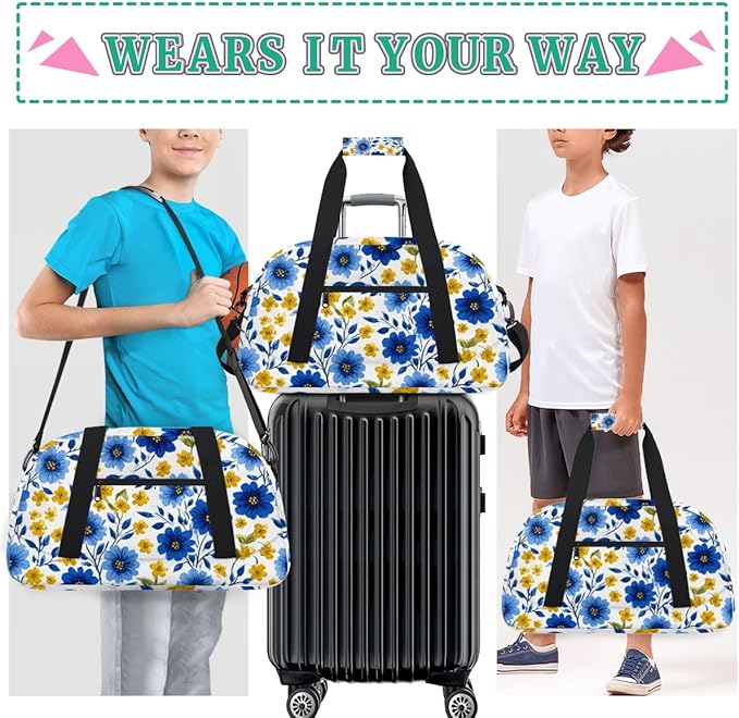 Yellow Blue Flowers Gym Travel Duffle Bag for Women & Men with Front Zipper Pocket for Sports, Overnight, Weekender, Carry On,Workout & Dance Bag,Florals Flower Daisy,18.9 * 8.7 * 10.6 in